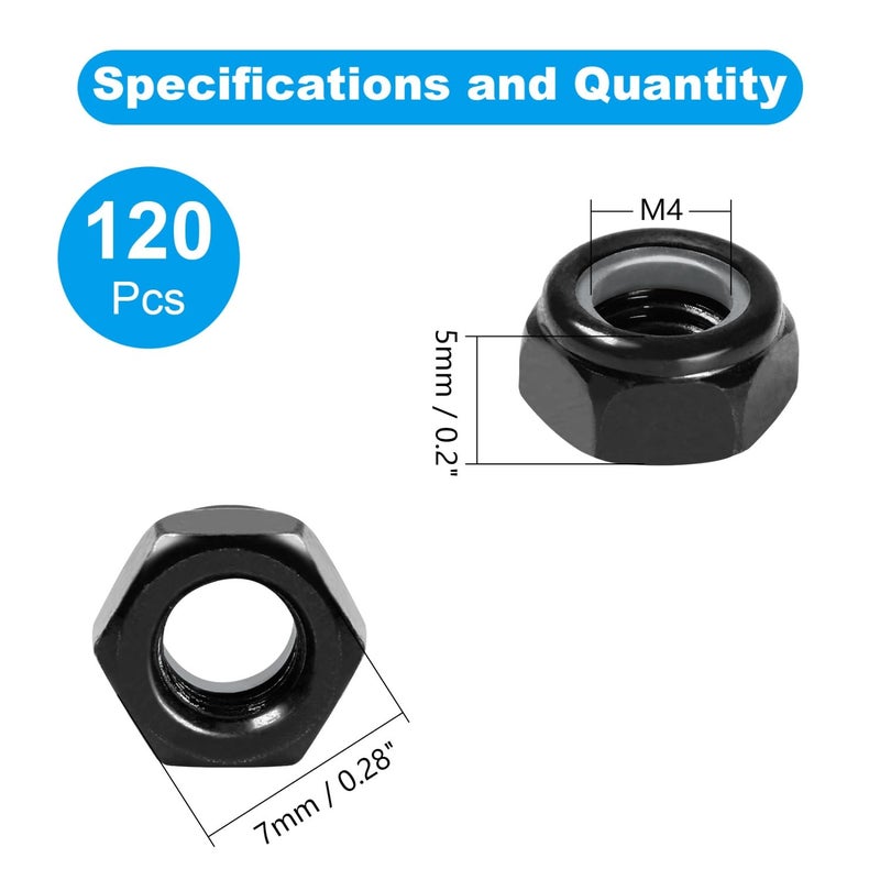 Yinpecly 120Pcs M4 x 0.7mm Nylon Insert Hex Lock Nuts Carbon Steel Zinc Plated Locknuts Self-Locking Nut M4 Metric Black Standard Threaded Nylock Nuts for Industrial Construction Fasteners - Image 2